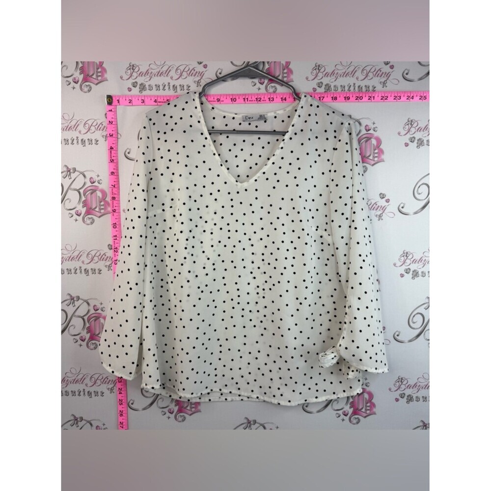 Dex Cream V-Neck Blouse with Black Polka Dots Lightweight Breathable Blouse